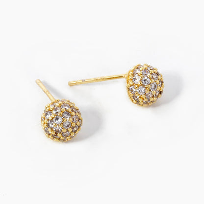 18K Gold Dipped CZ Pave 6mm Hemisphere Stud Earrings