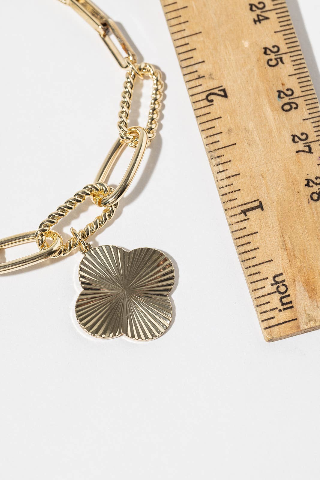 Lucky Clover Ribbed Charm Mixed Link Anklet