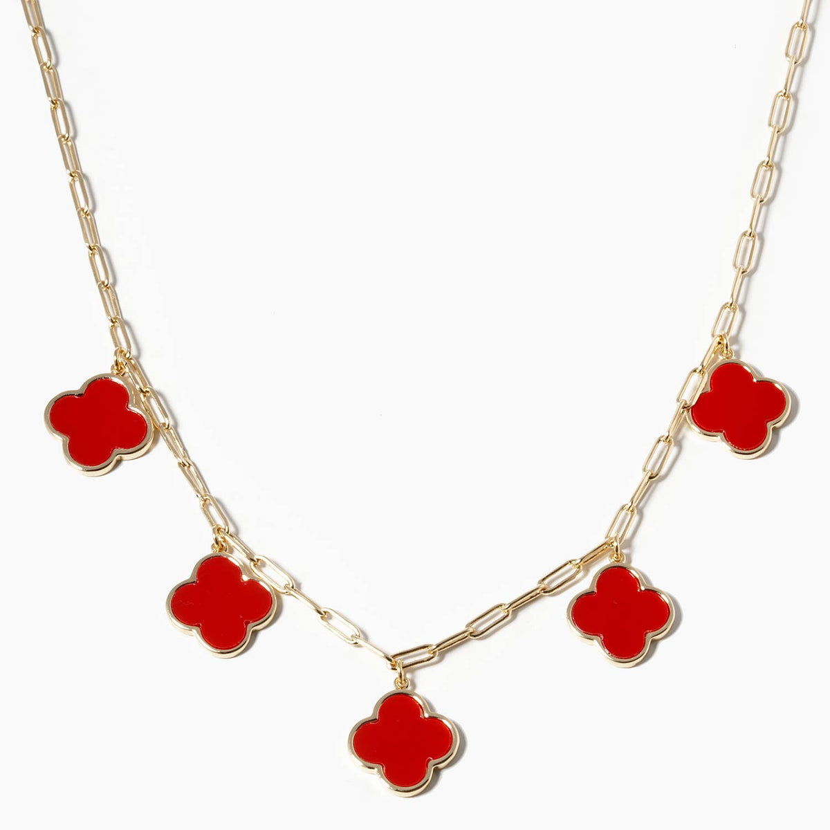 5-Clover Charm Paperclip Link Station Necklace