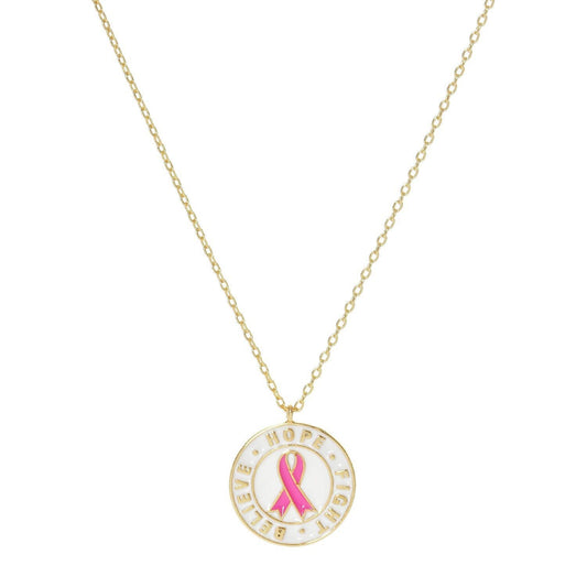 White Shelled Breast Cancer Awareness Ribbon Coin Necklace