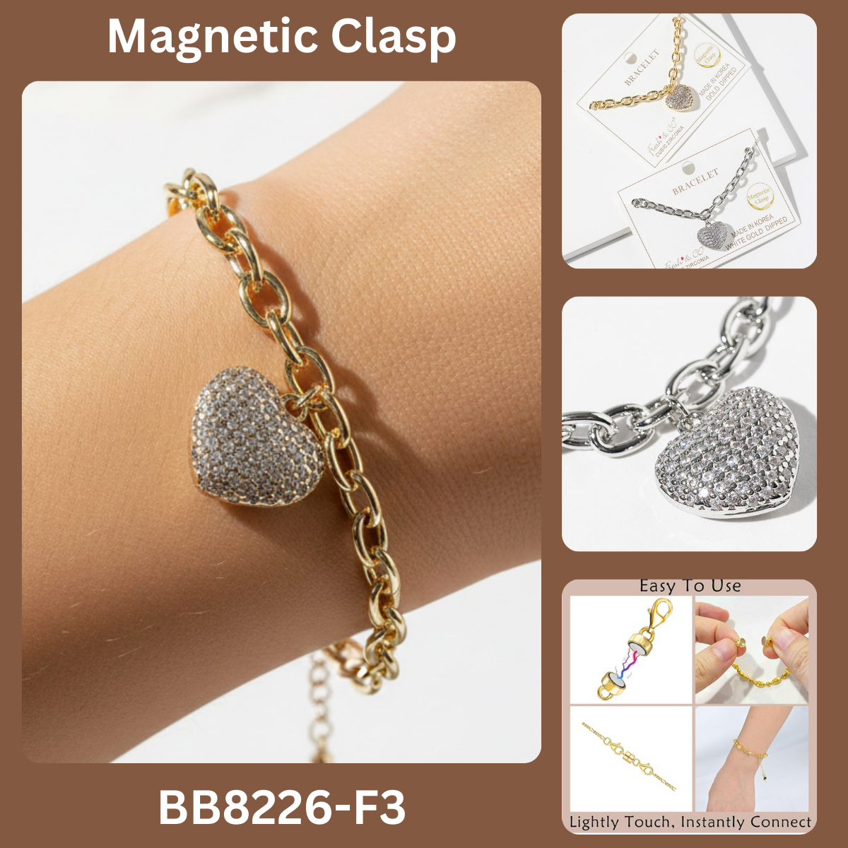 Pave Heart Charm Link Bracelet with Magnetic Clasp
