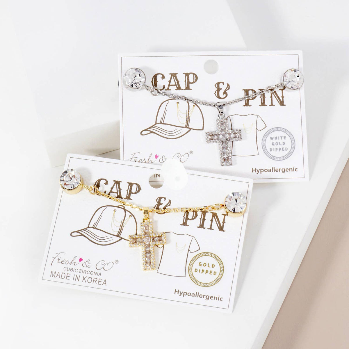 Cubic Zirconia Cross "Cap & Pin" Hat Chain Accessory