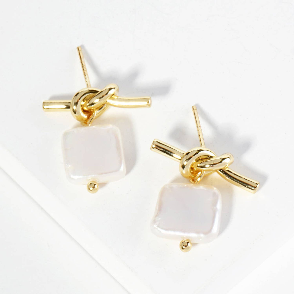 Square Freshwater Pearl Drop Love Knot Post Earrings