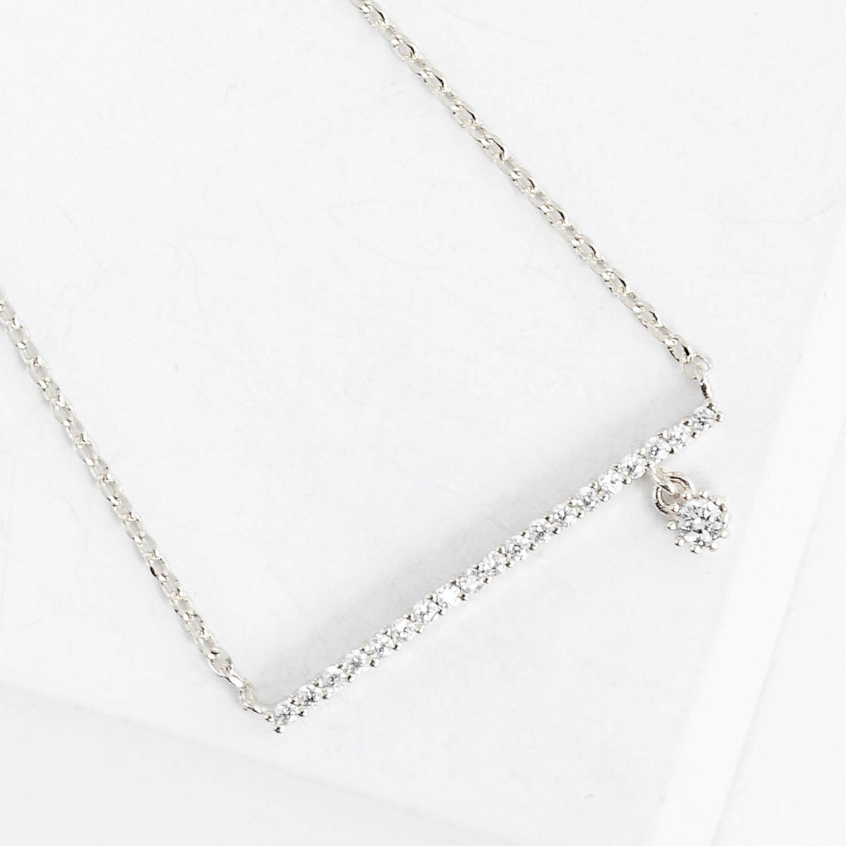 Delicate CZ Pave Horizontal Bar & Drop Charm Necklace