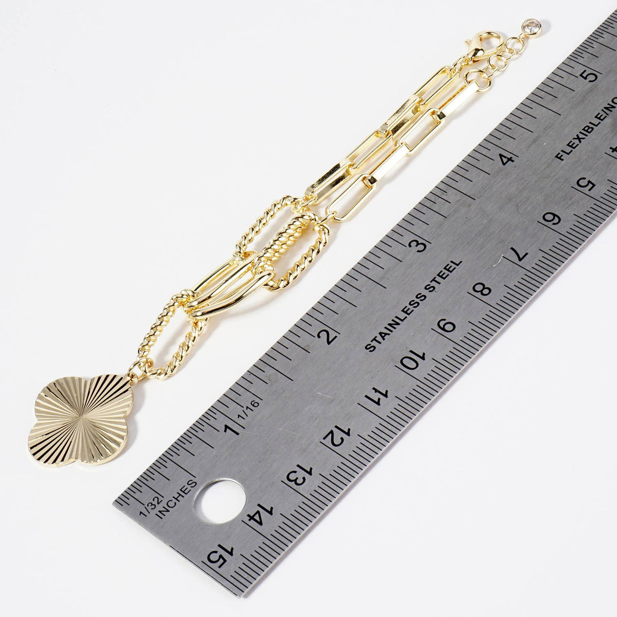 Sunburst Texture Quatrefoil Charm Link Chain Bracelet