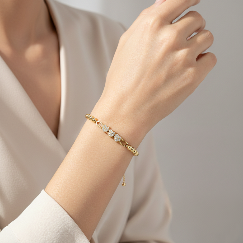 Triple Pavé Heart Beaded Slider Bracelet