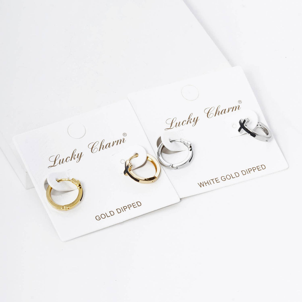 ENAMEL FILLED CROSS ACCENT 13MM HUGGIE HOOP EARRINGS