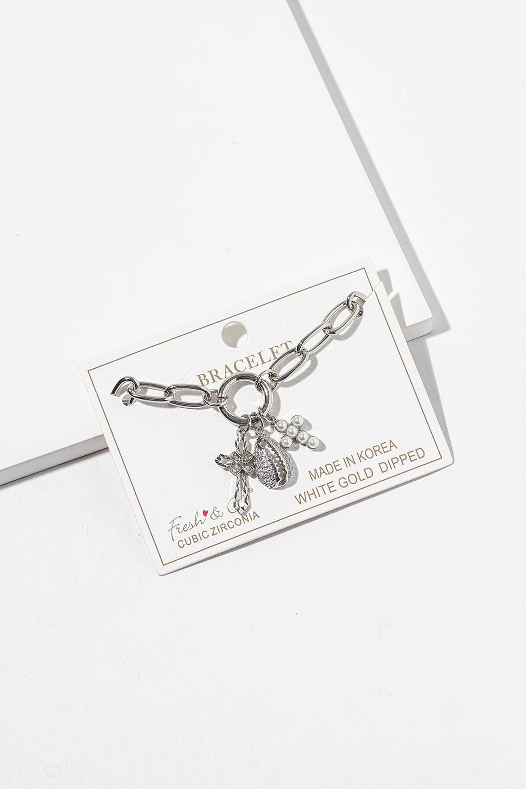 Chunky Chain Charm Bracelet with CZ Cross & Cowrie Shell