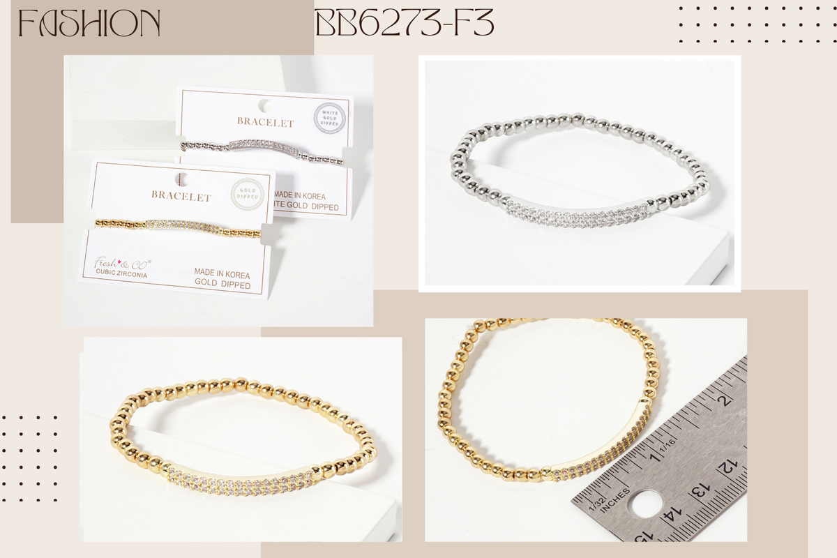 Beaded Stretch with CZ Pave-Set Curved Bar Accent Bracelet