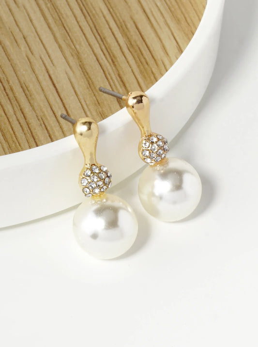 9mm Pearl Drop 21mm Crystal Pave Stud Earrings