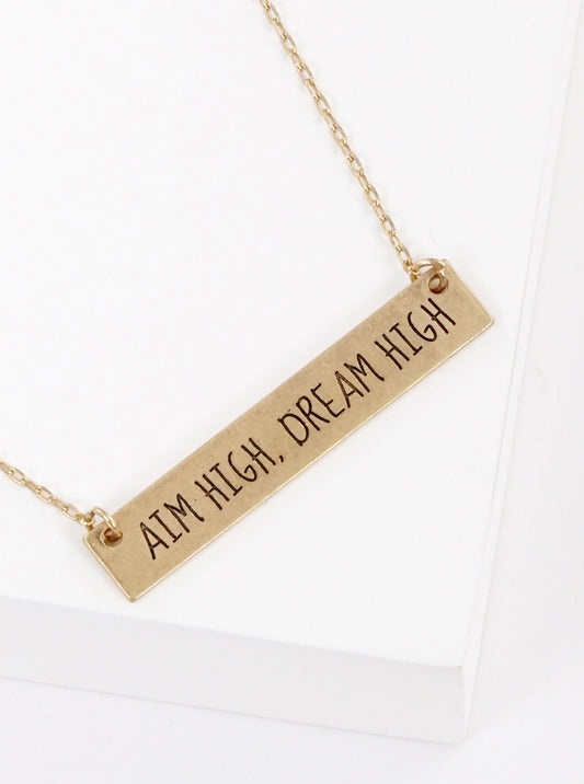 Aim High Dream High Engraved Horizontal Bar Pendant Necklace