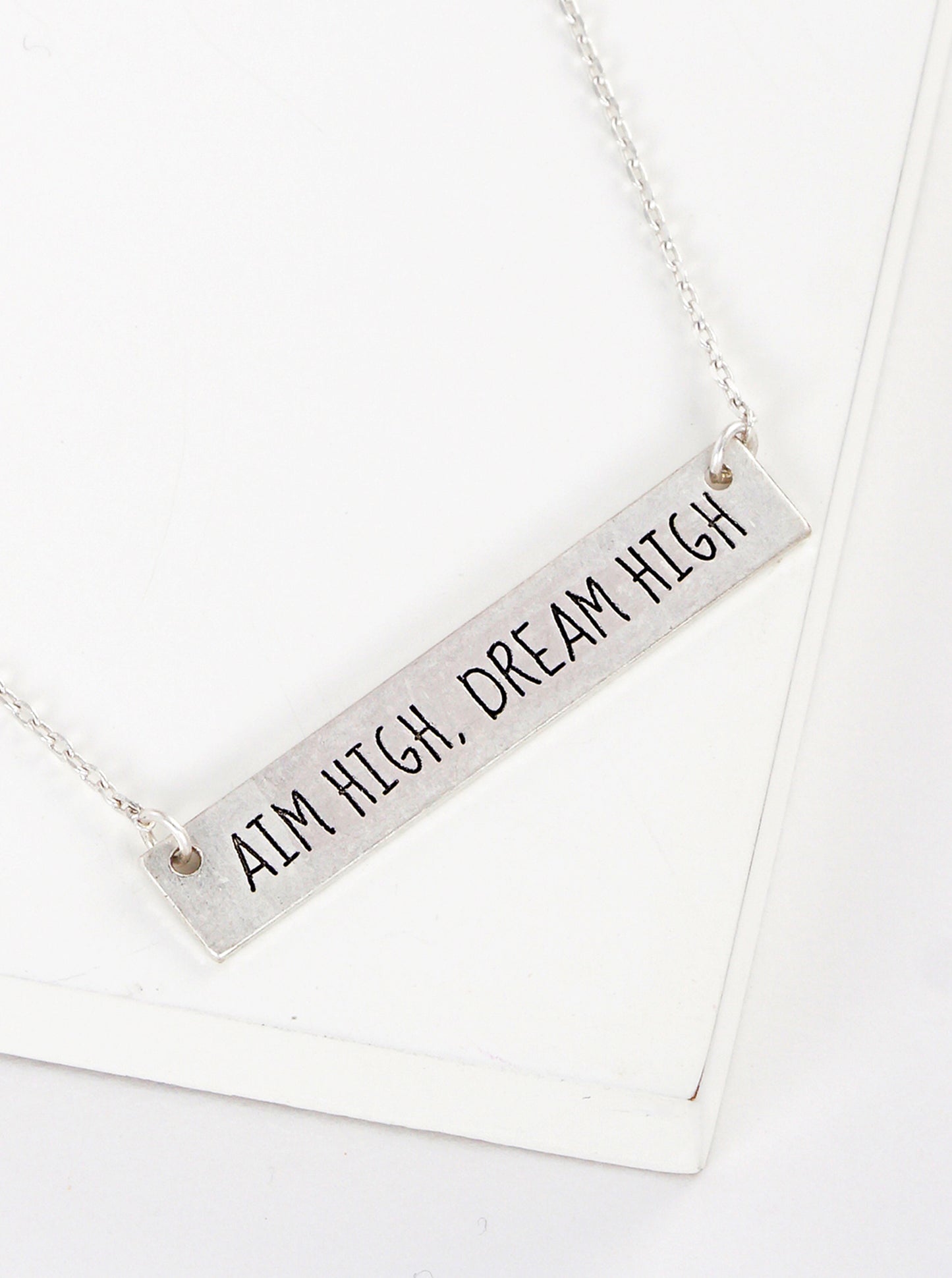 Aim High Dream High Engraved Horizontal Bar Pendant Necklace