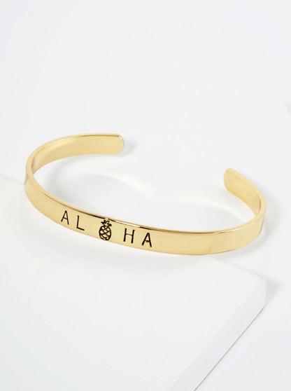Aloha Engraved 18K Gold Dipped Open Cuff Bangle Bracelet