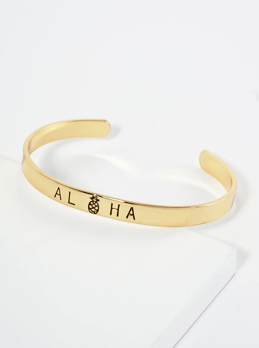 Aloha Engraved 18K Gold Dipped Open Cuff Bangle Bracelet