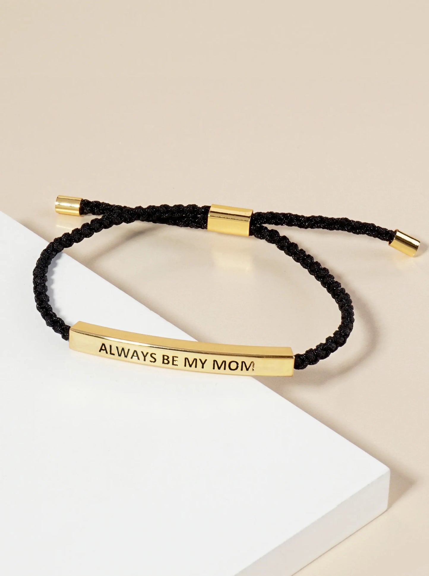 Always Be My Mom Engraved 18K Gold Dipped Curved Brass Tube Bar Adjustable Pull Tie Bracelet