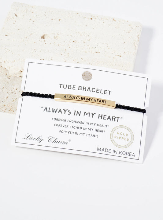 Always In My Heart Engraved 18K Gold Dipped Curved Brass Tube Bar Adjustable Pull Tie Bracelet