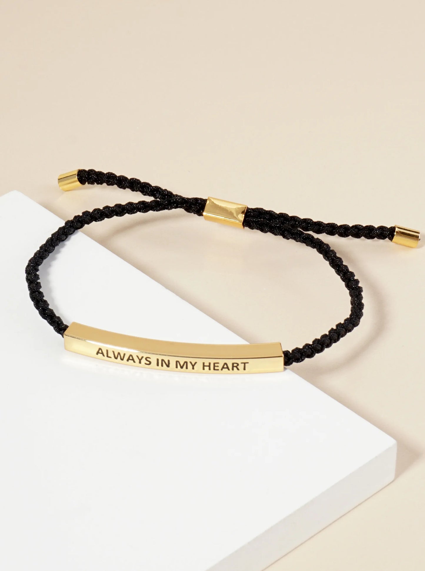 Always In My Heart Engraved 18K Gold Dipped Curved Brass Tube Bar Adjustable Pull Tie Bracelet