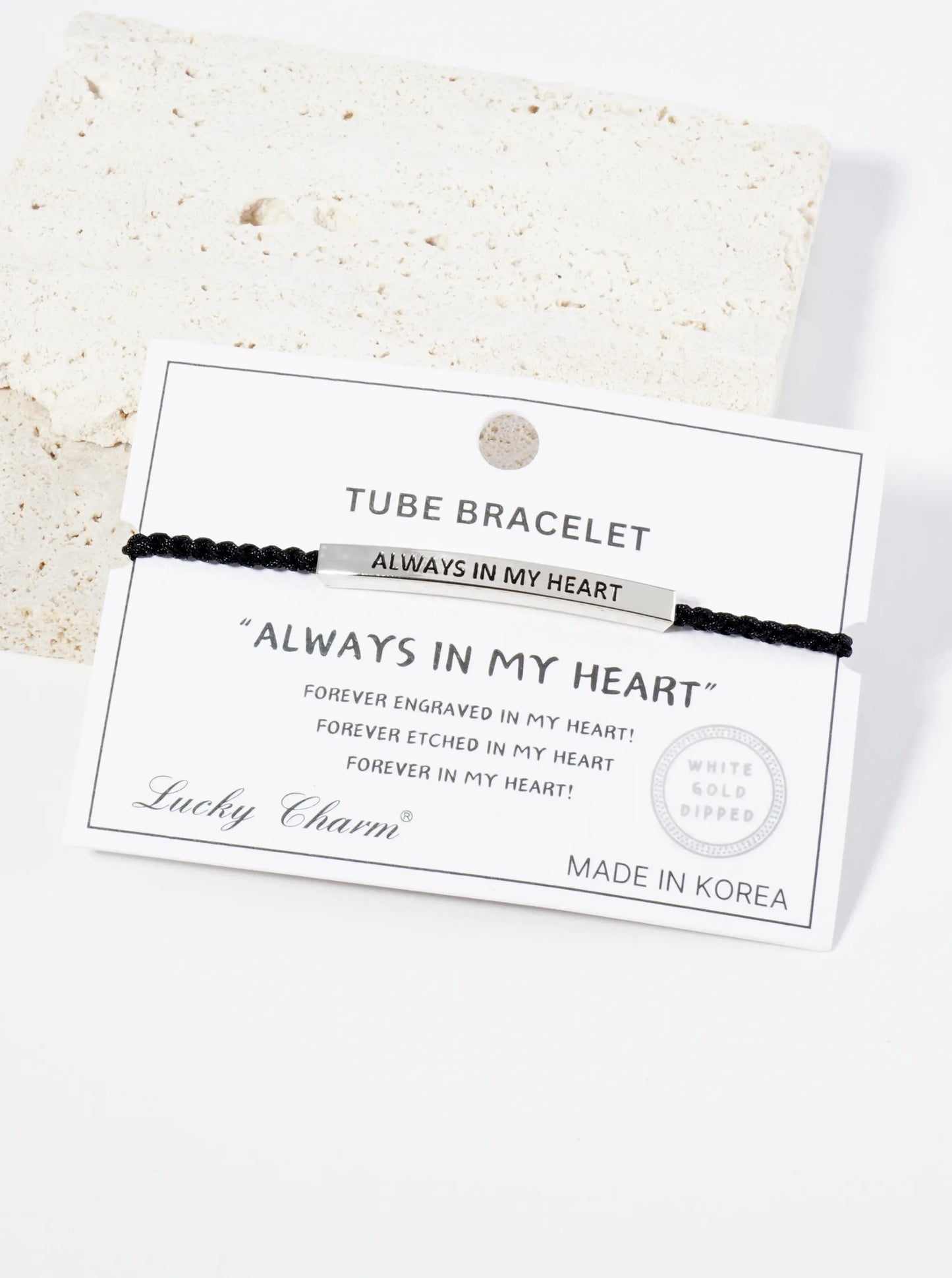 Always In My Heart Engraved 18K Gold Dipped Curved Brass Tube Bar Adjustable Pull Tie Bracelet