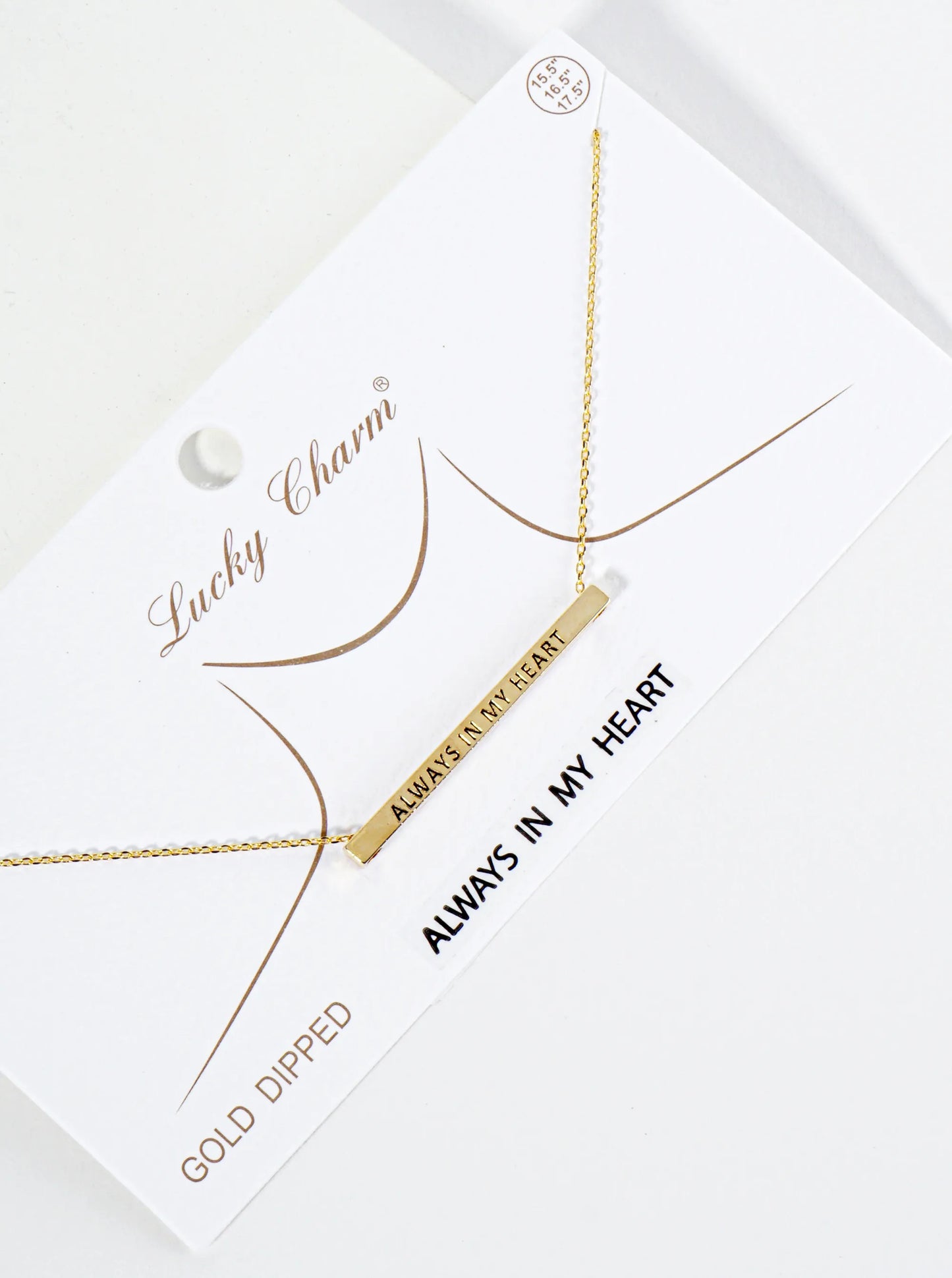 Always In My Heart Engraved 18K Gold Dipped Horizontal Brass Bar Pendant Inspirational Necklace