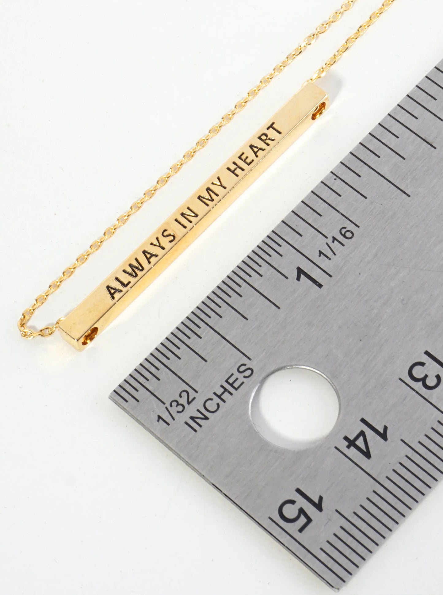 Always In My Heart Engraved 18K Gold Dipped Horizontal Brass Bar Pendant Inspirational Necklace