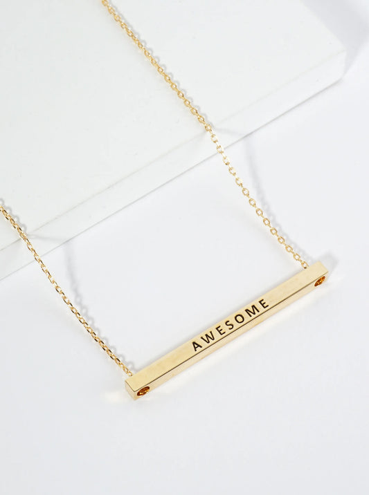 Awesome Engraved 18K Gold Dipped Horizontal Brass Bar Pendant Inspirational Necklace