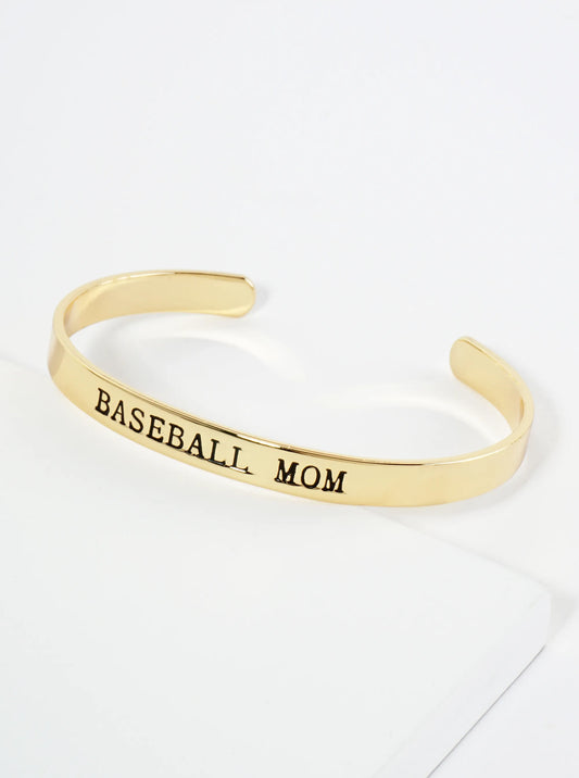 Baseball Mom Engraved 18K Gold Dipped Open Cuff Bangle Bracelet