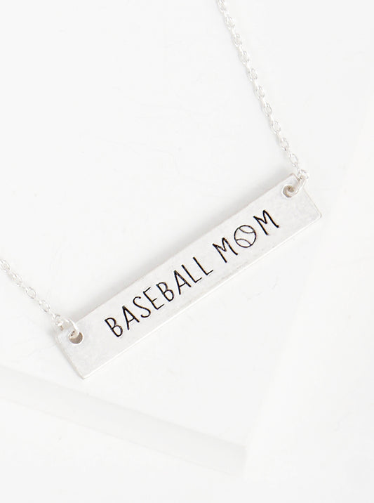 Baseball Mom Engraved Horizontal Bar Pendant Necklace