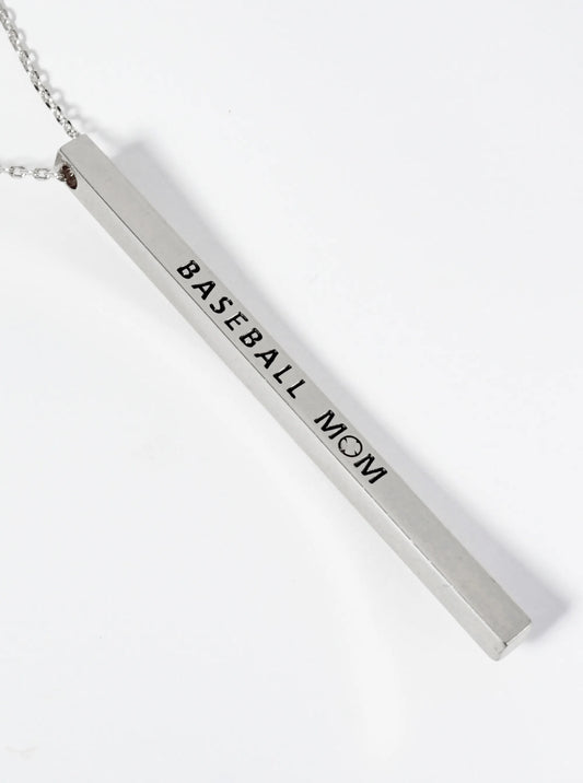 Baseball Mom Engraved Vertical Bar Pendant Inspirational Necklace