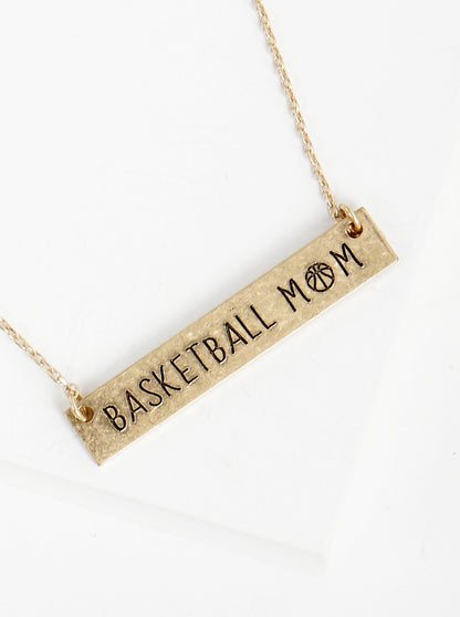 Basketball  Mom Engraved Horizontal Bar Pendant Necklace