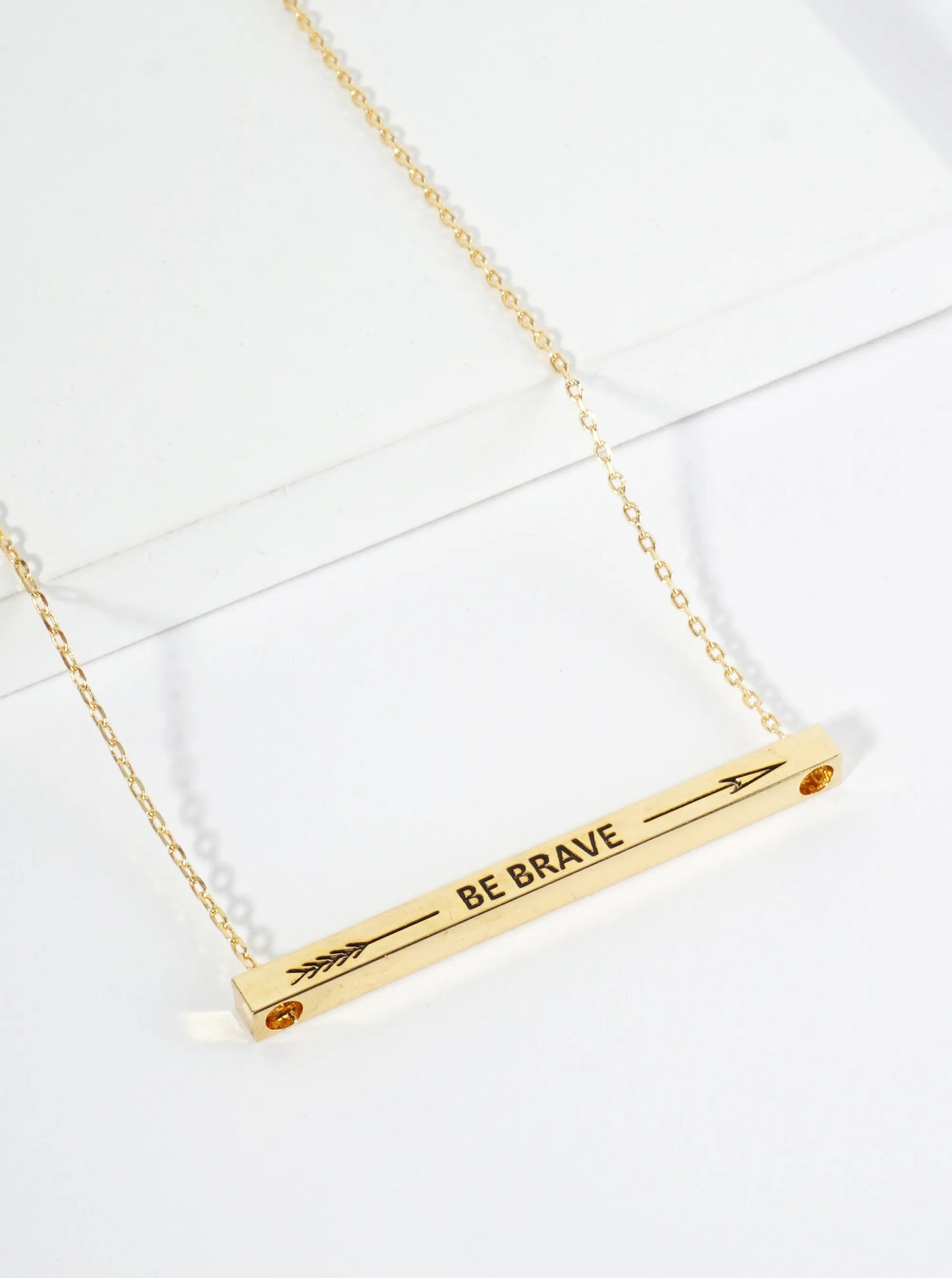 Be Brave Arrow Engraved 18K Gold Dipped Horizontal Brass Bar Pendant Inspirational Necklace