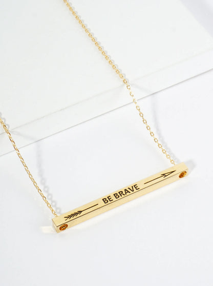 Be Brave Arrow Engraved 18K Gold Dipped Horizontal Brass Bar Pendant Inspirational Necklace