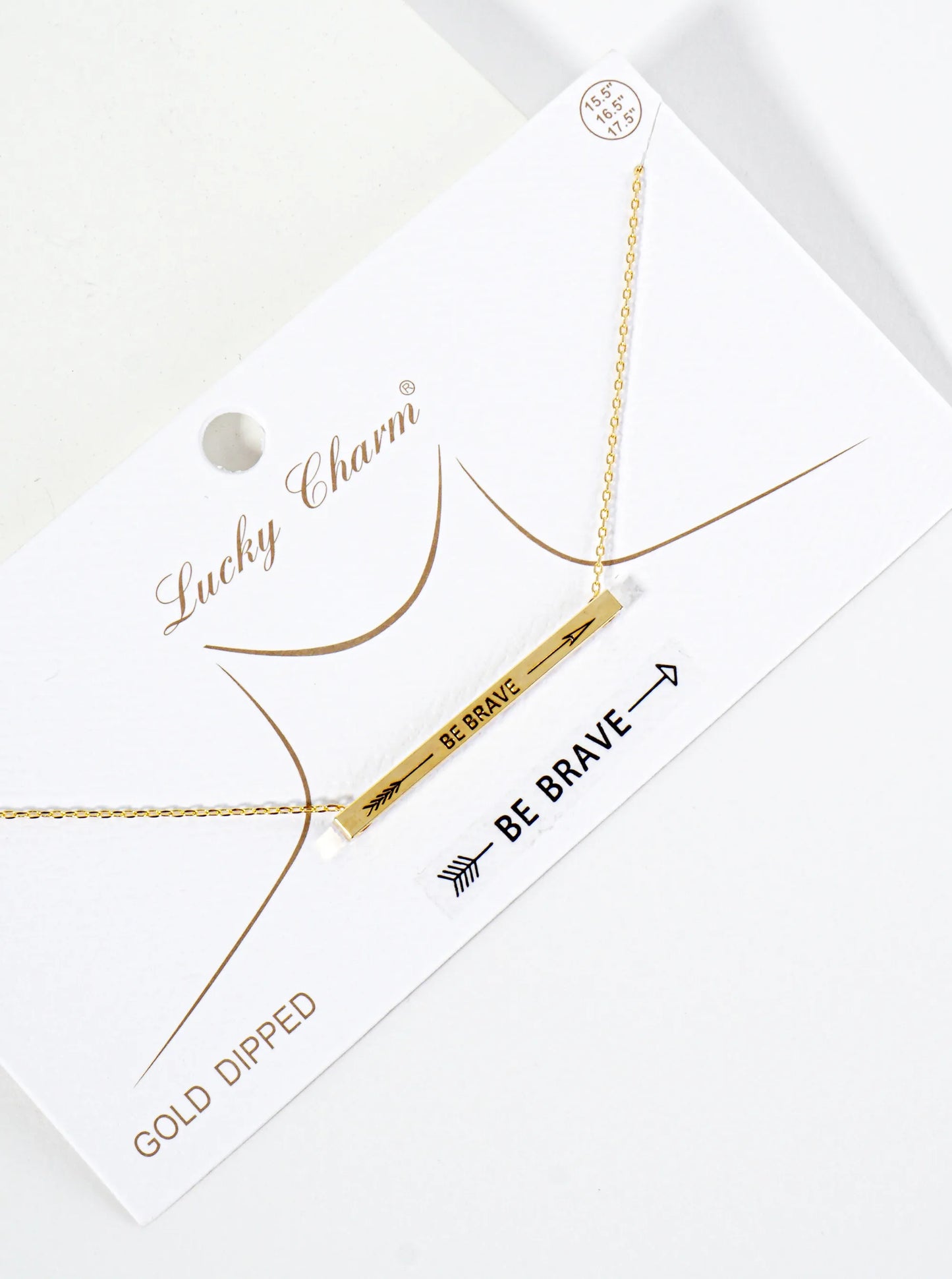 Be Brave Arrow Engraved 18K Gold Dipped Horizontal Brass Bar Pendant Inspirational Necklace