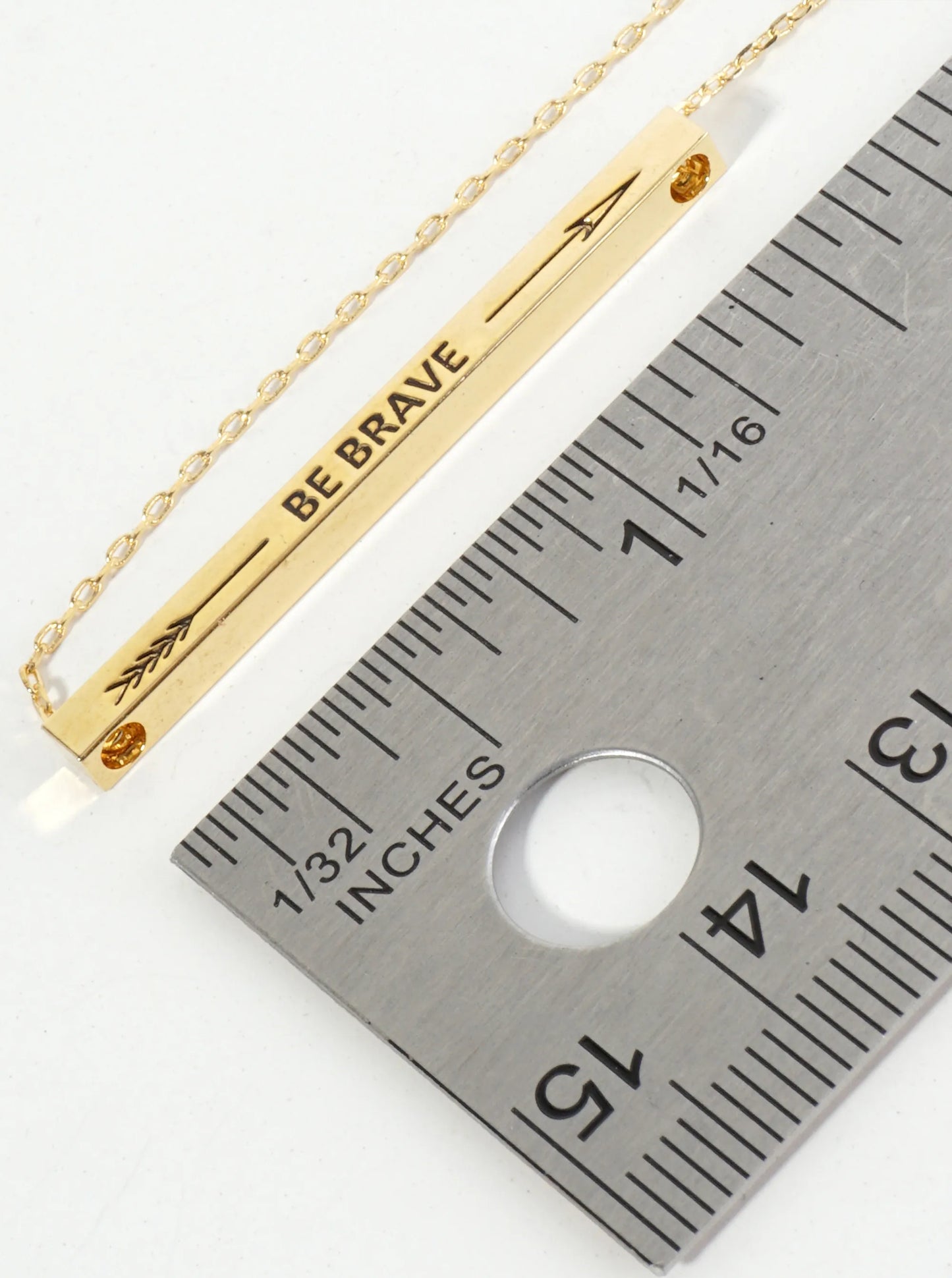 Be Brave Arrow Engraved 18K Gold Dipped Horizontal Brass Bar Pendant Inspirational Necklace