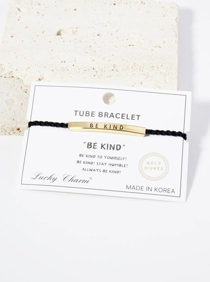 Be Kind Engraved 18K Gold Dipped Curved Brass Tube Bar Adjustable Pull Tie Bracelet