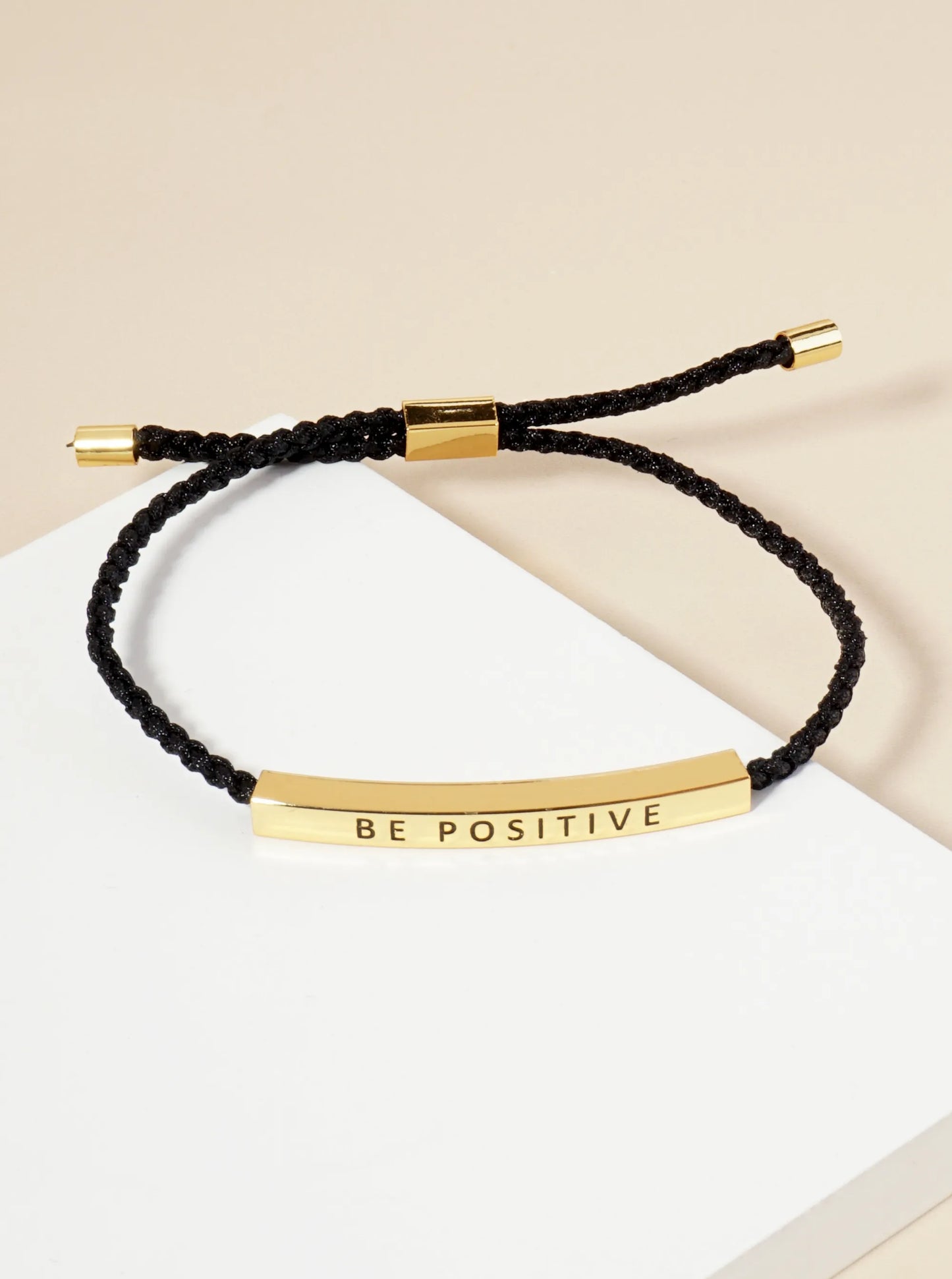 Be Positive Engraved 18K Gold Dipped Curved Brass Tube Bar Adjustable Pull Tie Bracelet