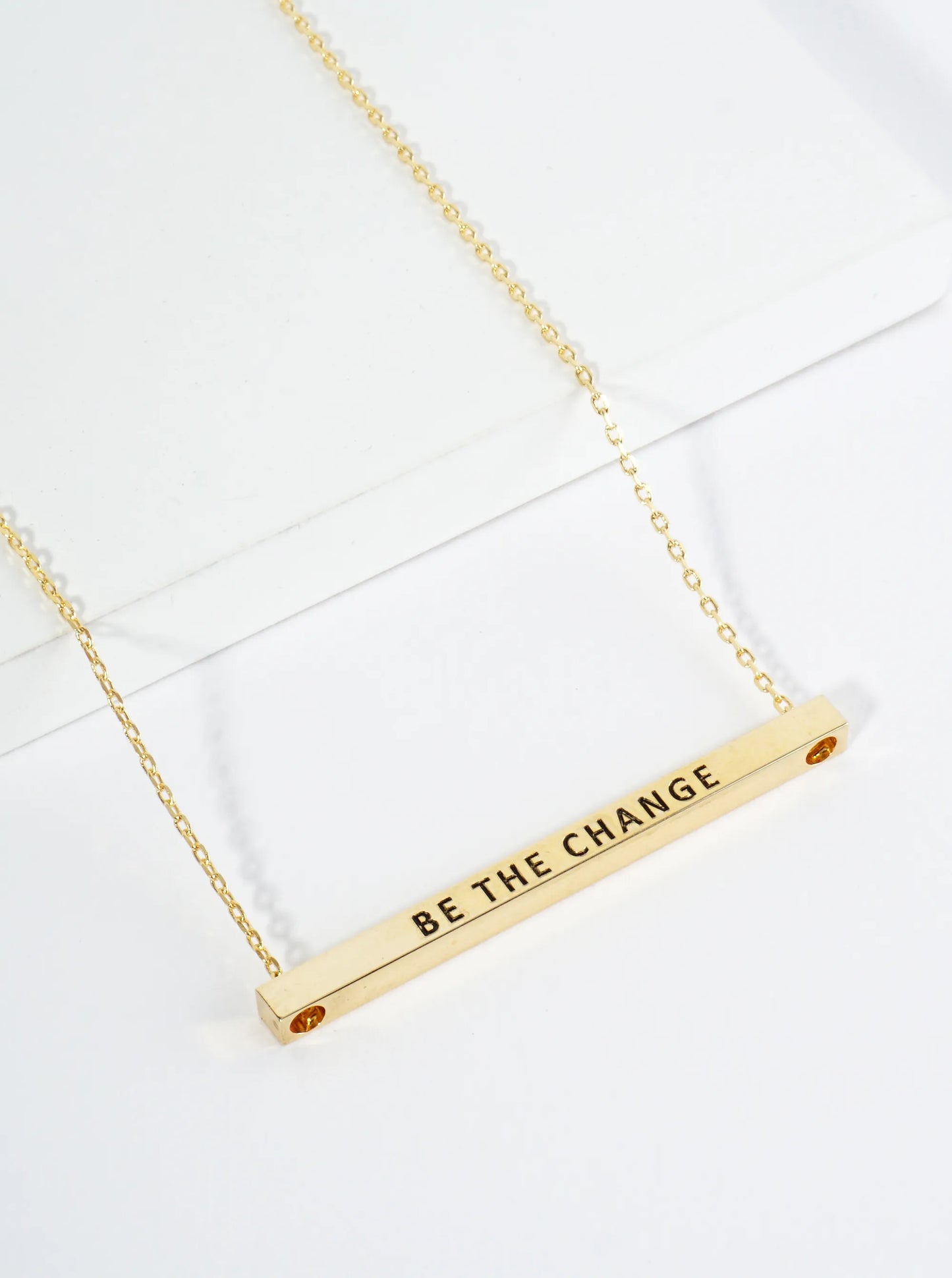 Be The Change Engraved 18K Gold Dipped Horizontal Brass Bar Pendant Inspirational Necklace