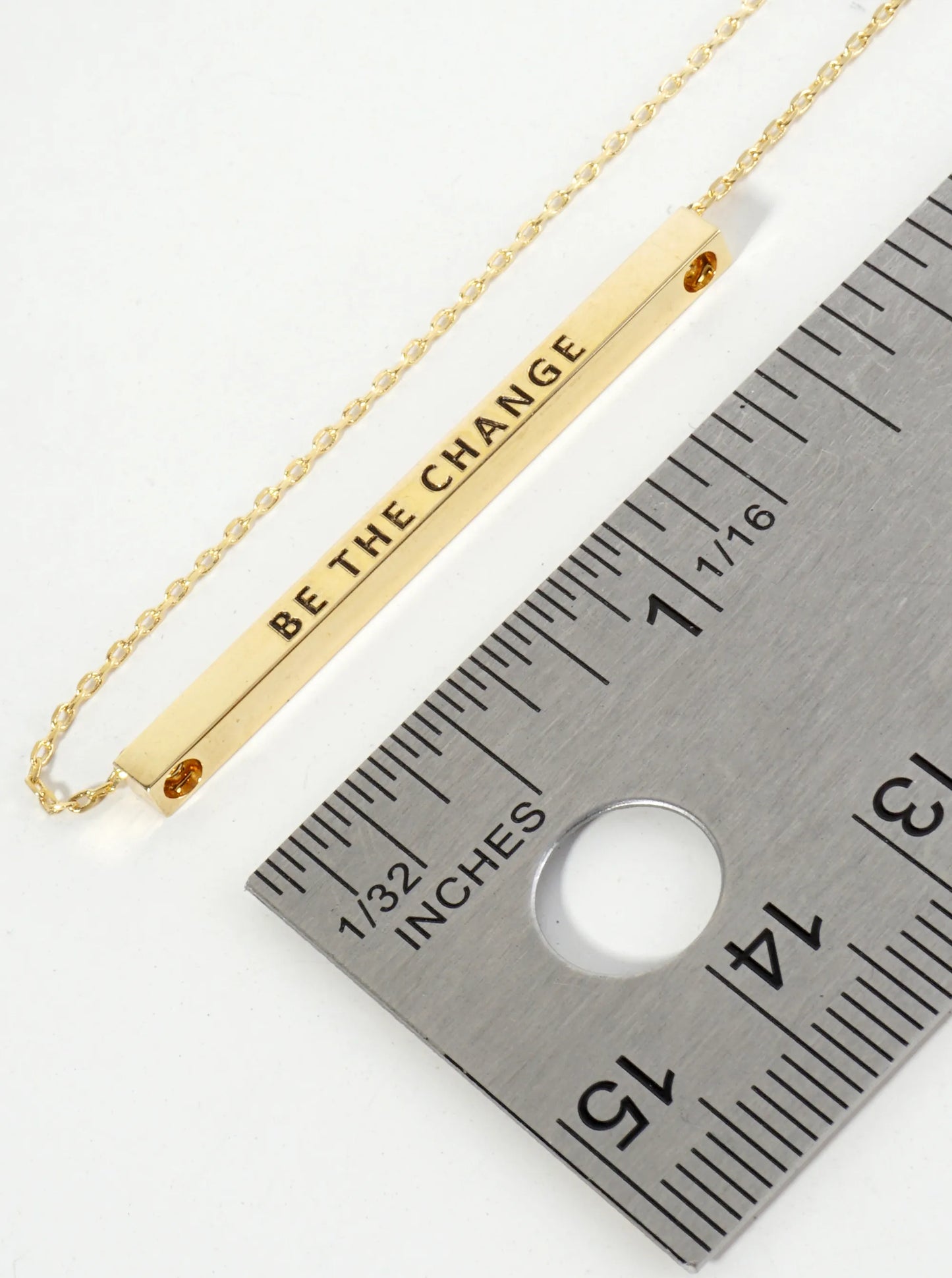 Be The Change Engraved 18K Gold Dipped Horizontal Brass Bar Pendant Inspirational Necklace