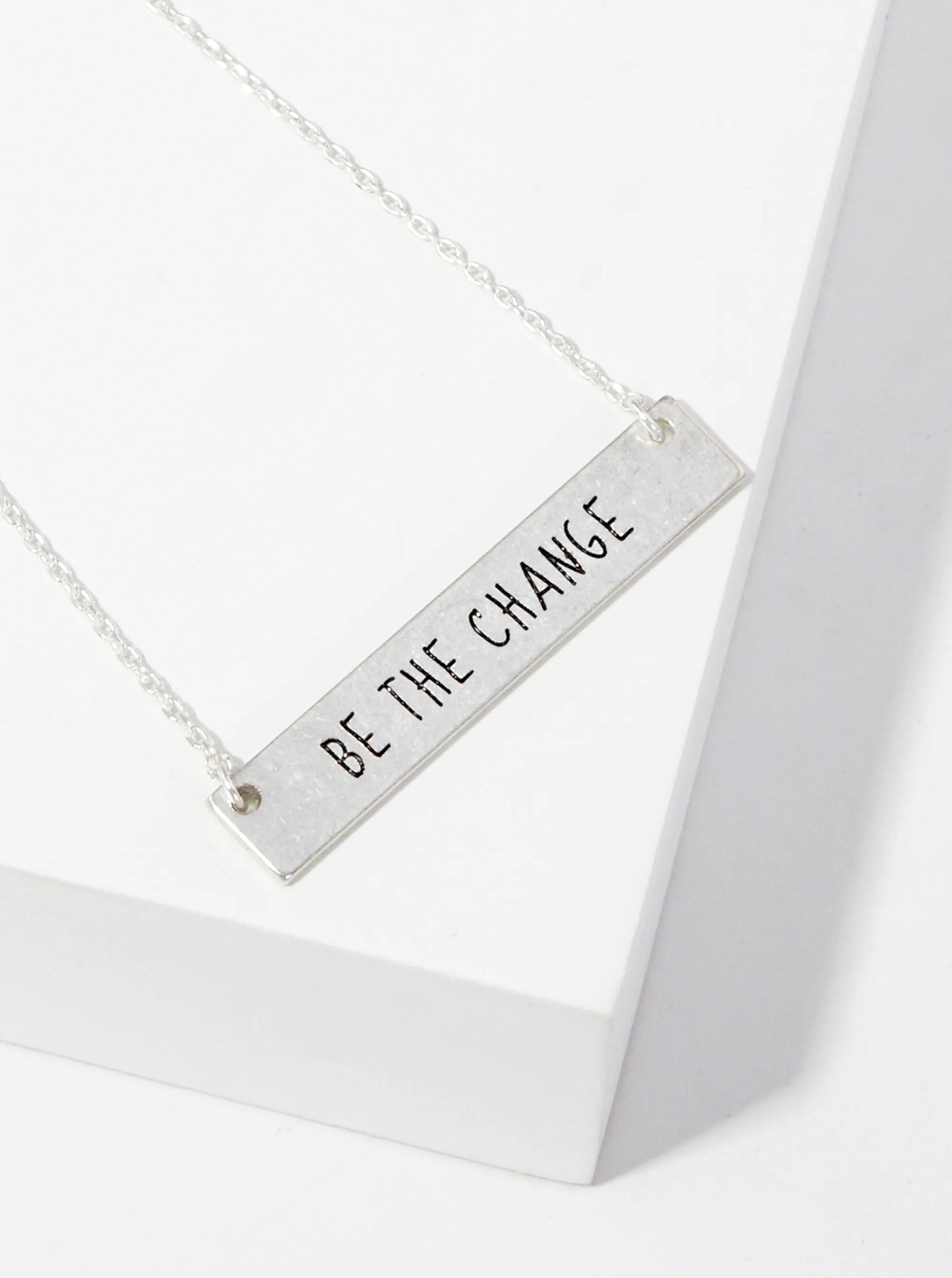 Be The Change Engraved Horizontal Bar Pendant Necklace