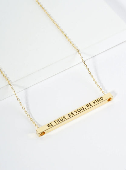 Be True Be You Be Kind Engraved 18K Gold Dipped Horizontal Brass Bar Pendant Inspirational Necklace