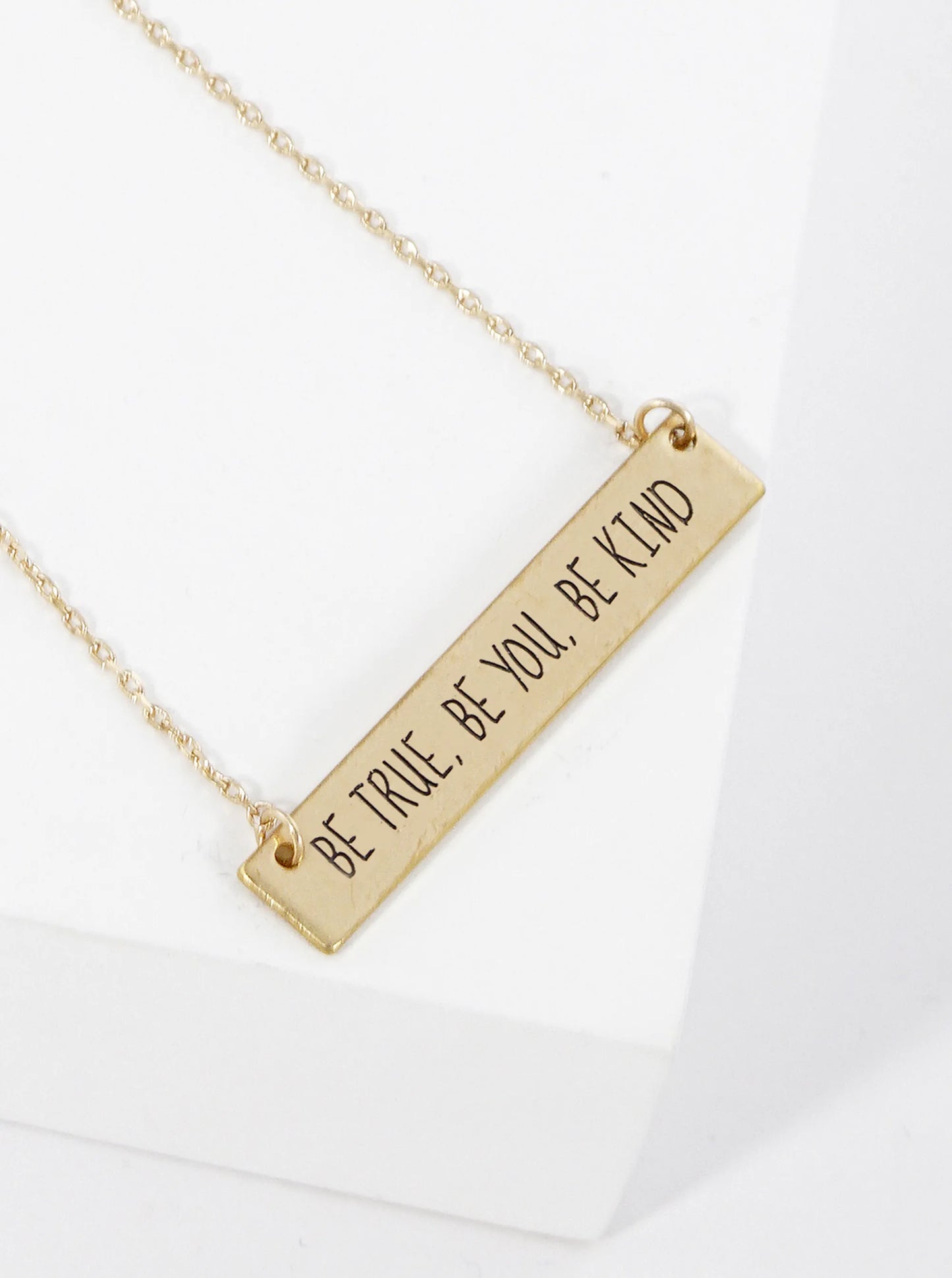 Be True Be You Be Kind Engraved Horizontal Bar Pendant Necklace