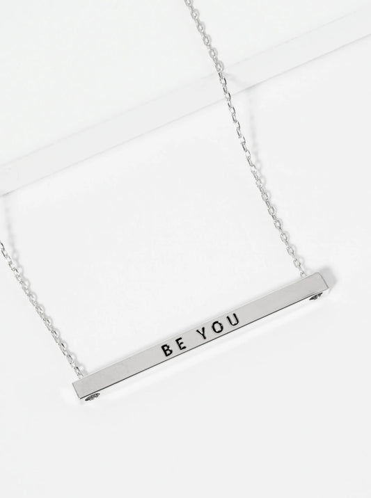 Be You Engraved 18K Gold Dipped Horizontal Brass Bar Pendant Inspirational Necklace