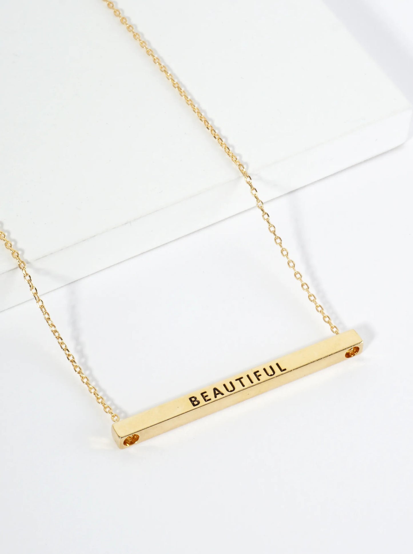 Beautiful Engraved 18K Gold Dipped Horizontal Brass Bar Pendant Inspirational Necklace