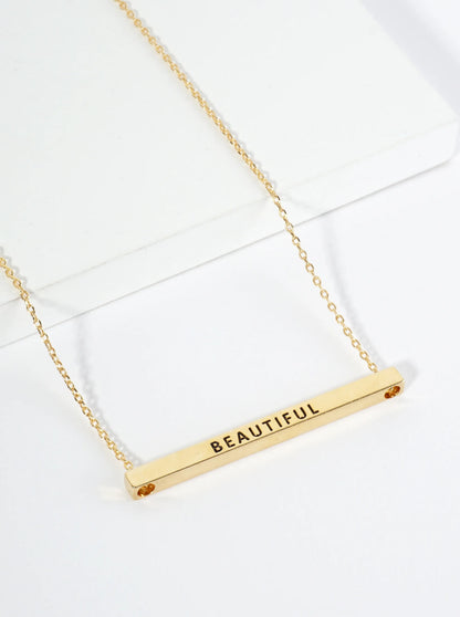 Beautiful Engraved 18K Gold Dipped Horizontal Brass Bar Pendant Inspirational Necklace