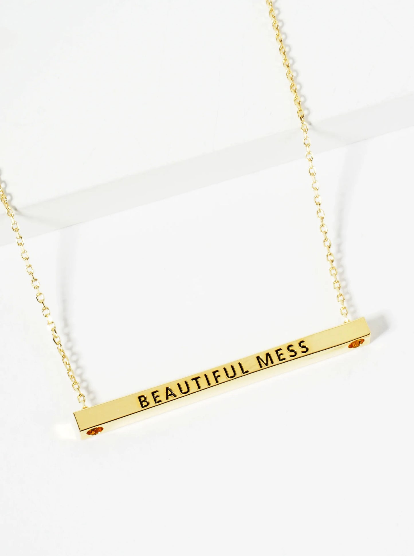 Beautiful Mess Engraved 18K Gold Dipped Horizontal Brass Bar Pendant Inspirational Necklace