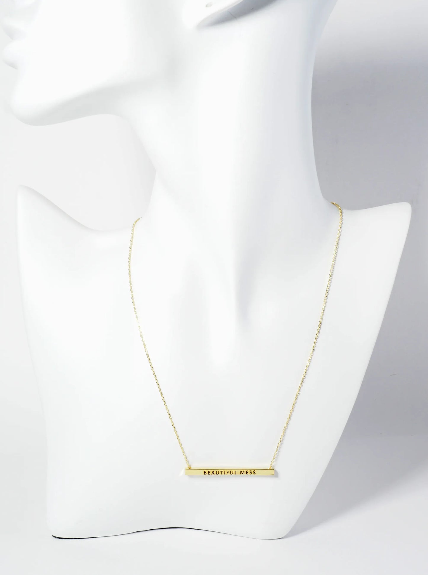 Beautiful Mess Engraved 18K Gold Dipped Horizontal Brass Bar Pendant Inspirational Necklace