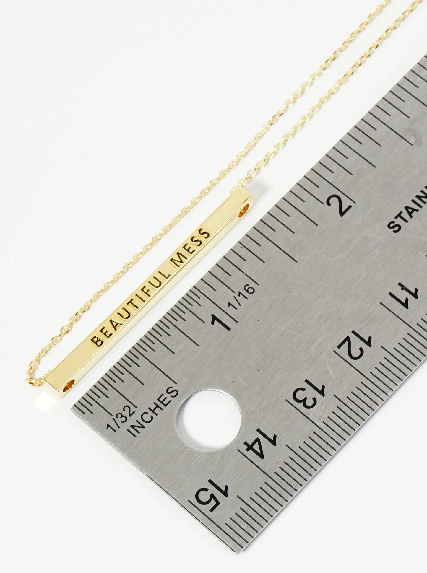 Beautiful Mess Engraved 18K Gold Dipped Horizontal Brass Bar Pendant Inspirational Necklace