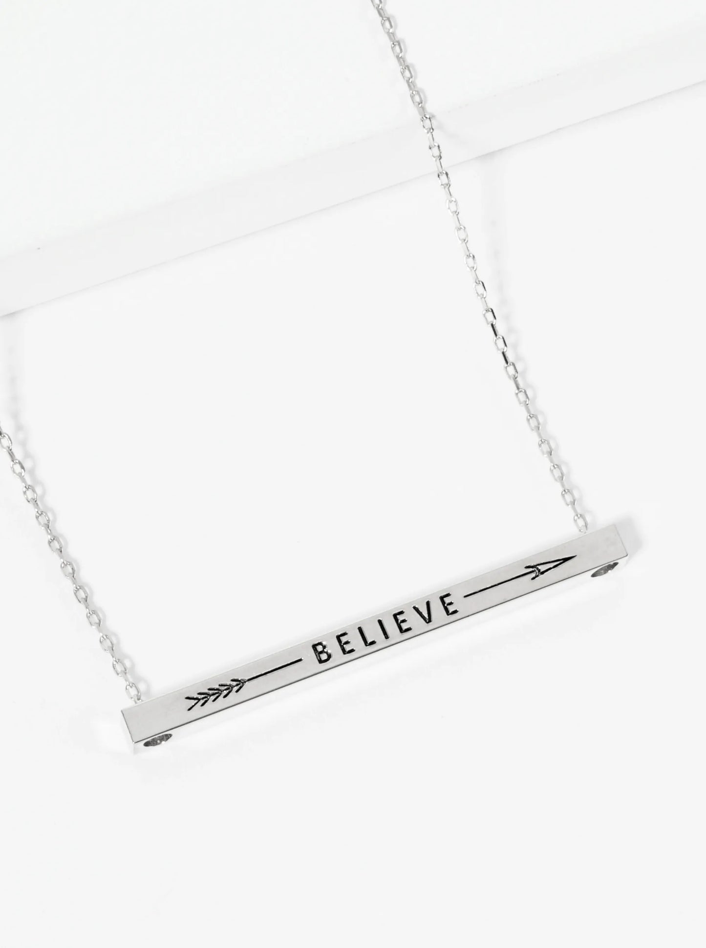 Believe Arrow Engraved 18K Gold Dipped Horizontal Brass Bar Pendant Inspirational Necklace