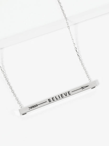 Believe Arrow Engraved 18K Gold Dipped Horizontal Brass Bar Pendant Inspirational Necklace