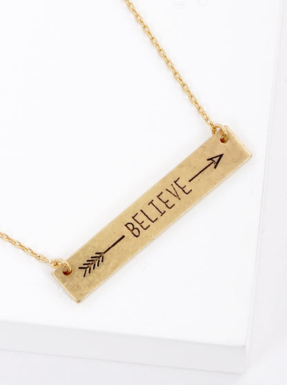 Believe Arrow Engraved Horizontal Bar Pendant Necklace