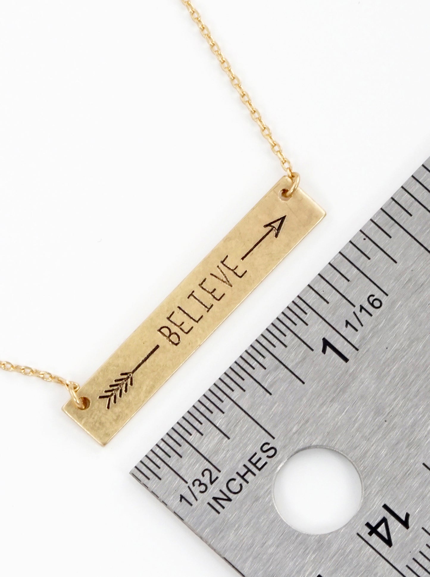 Believe Arrow Engraved Horizontal Bar Pendant Necklace